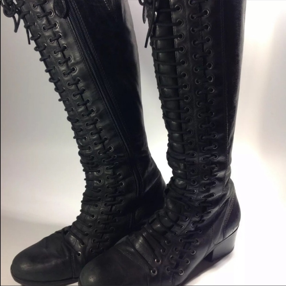 Black leather triple lace up knee high boots cyber punk combat gothic vintage - Picture 1 of 6